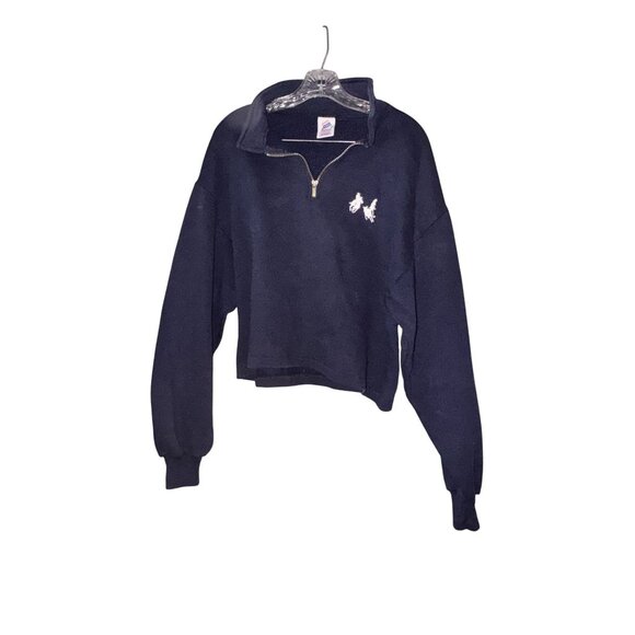 Vintage Jerzees Super Sweats Navy Blue Quarter-Zip crop Sweatshirt White Embroid - Picture 1 of 9